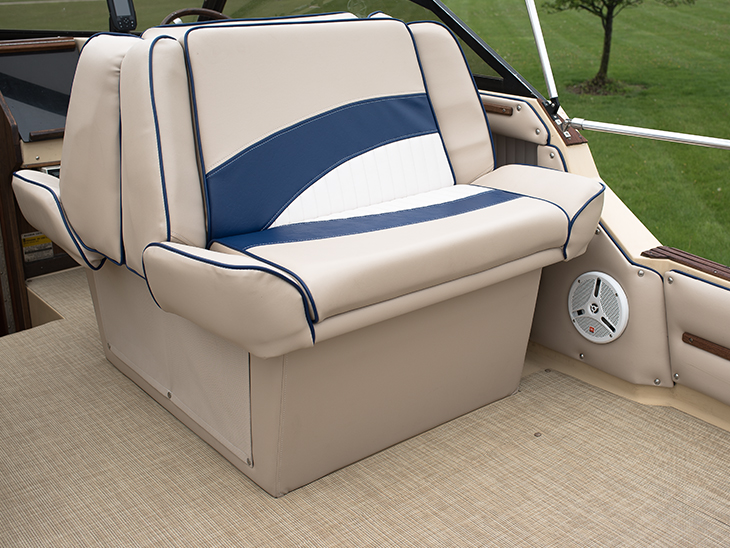 Infinity Luxury Woven Vinyl boat flooring by the helm seat on our project powerboat
